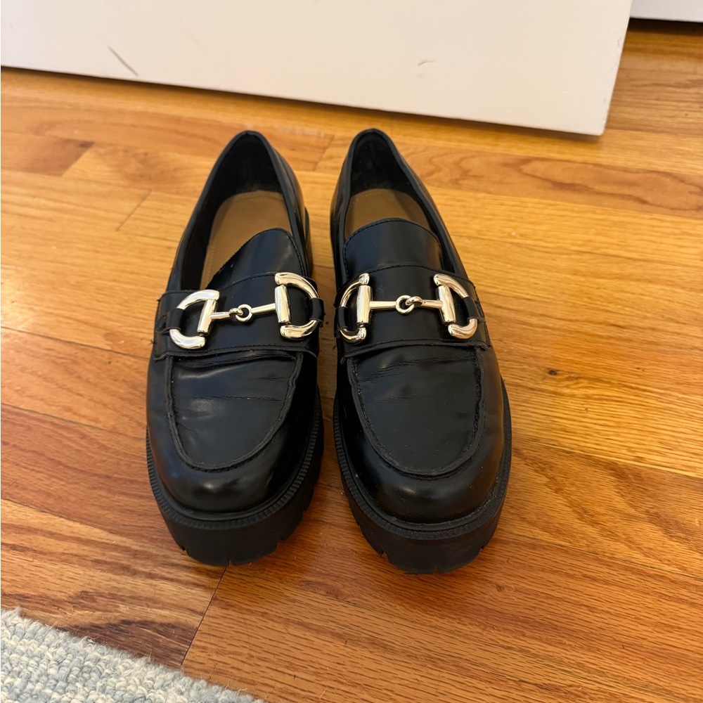 Black Leather Loafers with Gold Buckle